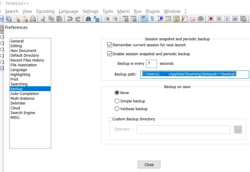 unsaved files backup location