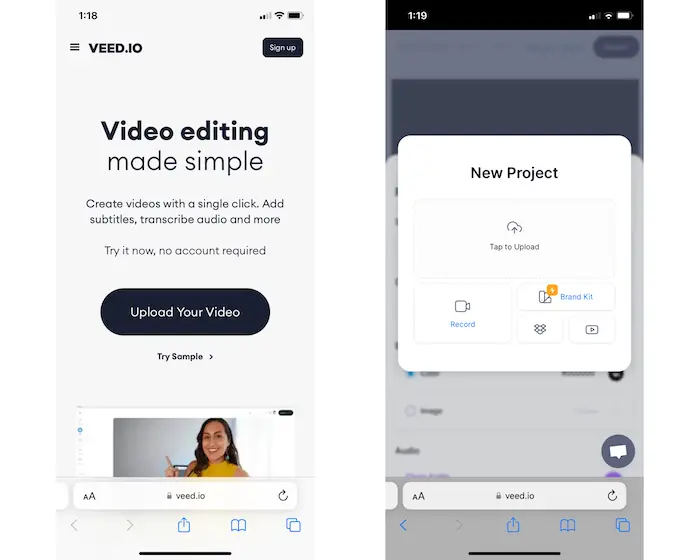 remove noise from video using phone veed.io website and upload