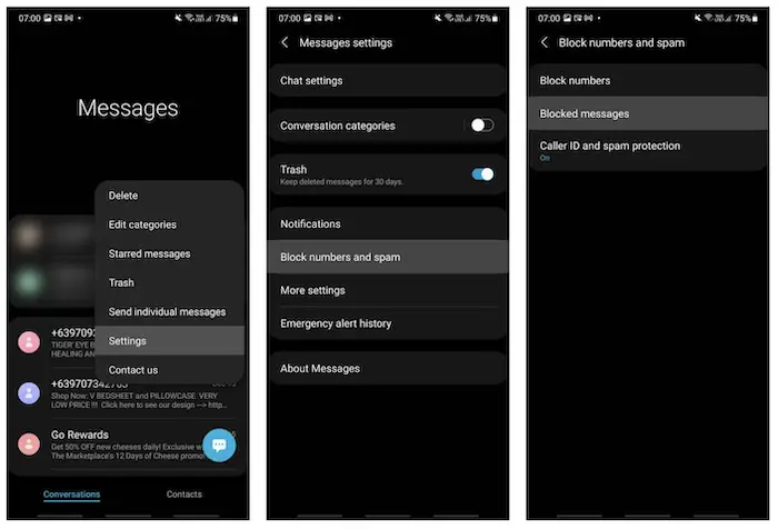 how to find a number from samsung blocked messages