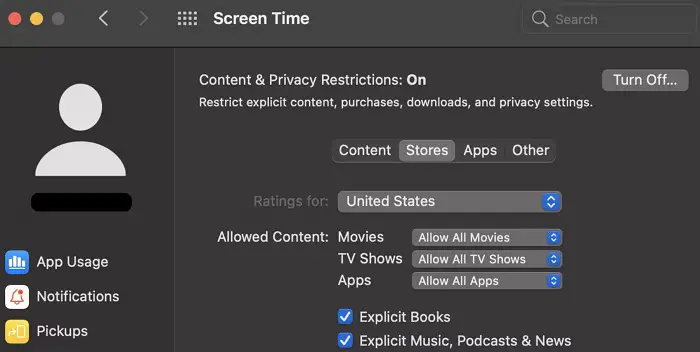 content and privacy restriction