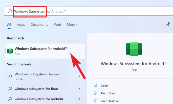 select windows subsystem for android