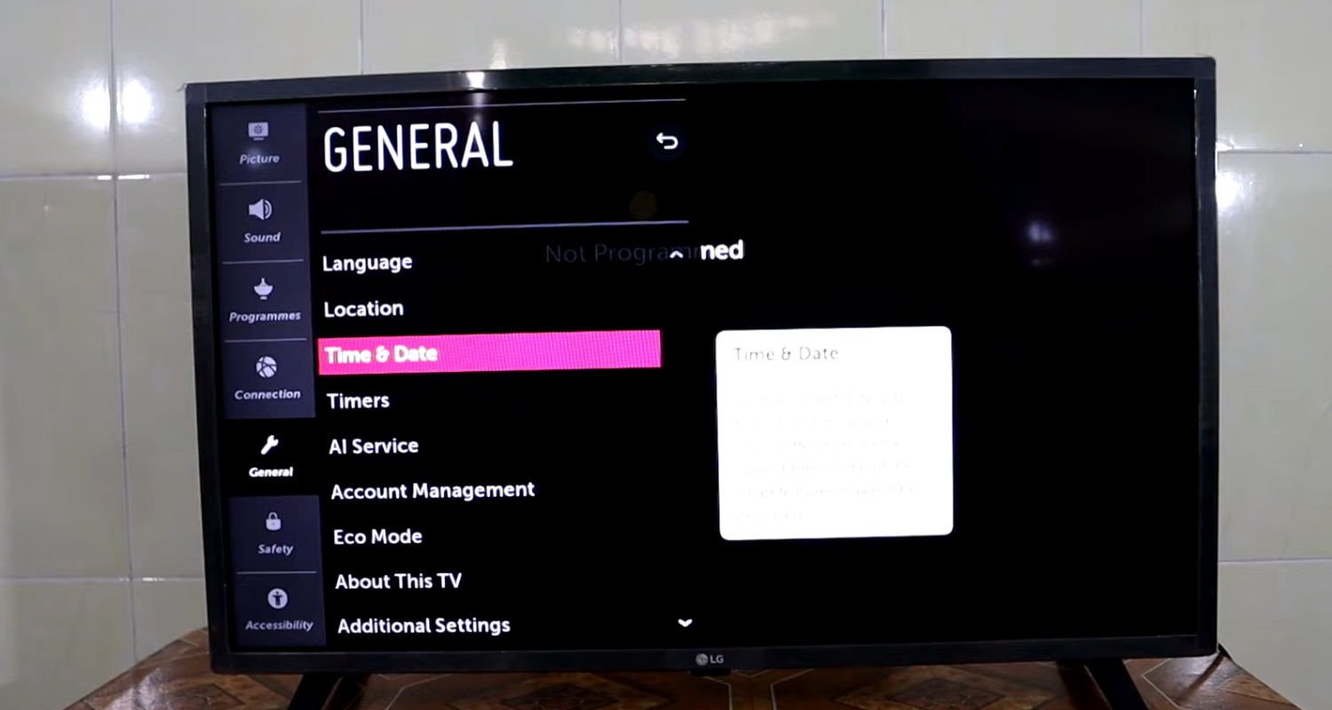 time and date in general settings of lg tv